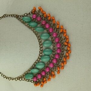 VTG Turquoise Tone Pink & Orange Cascading Bead & Brassy Chain Boho Necklace